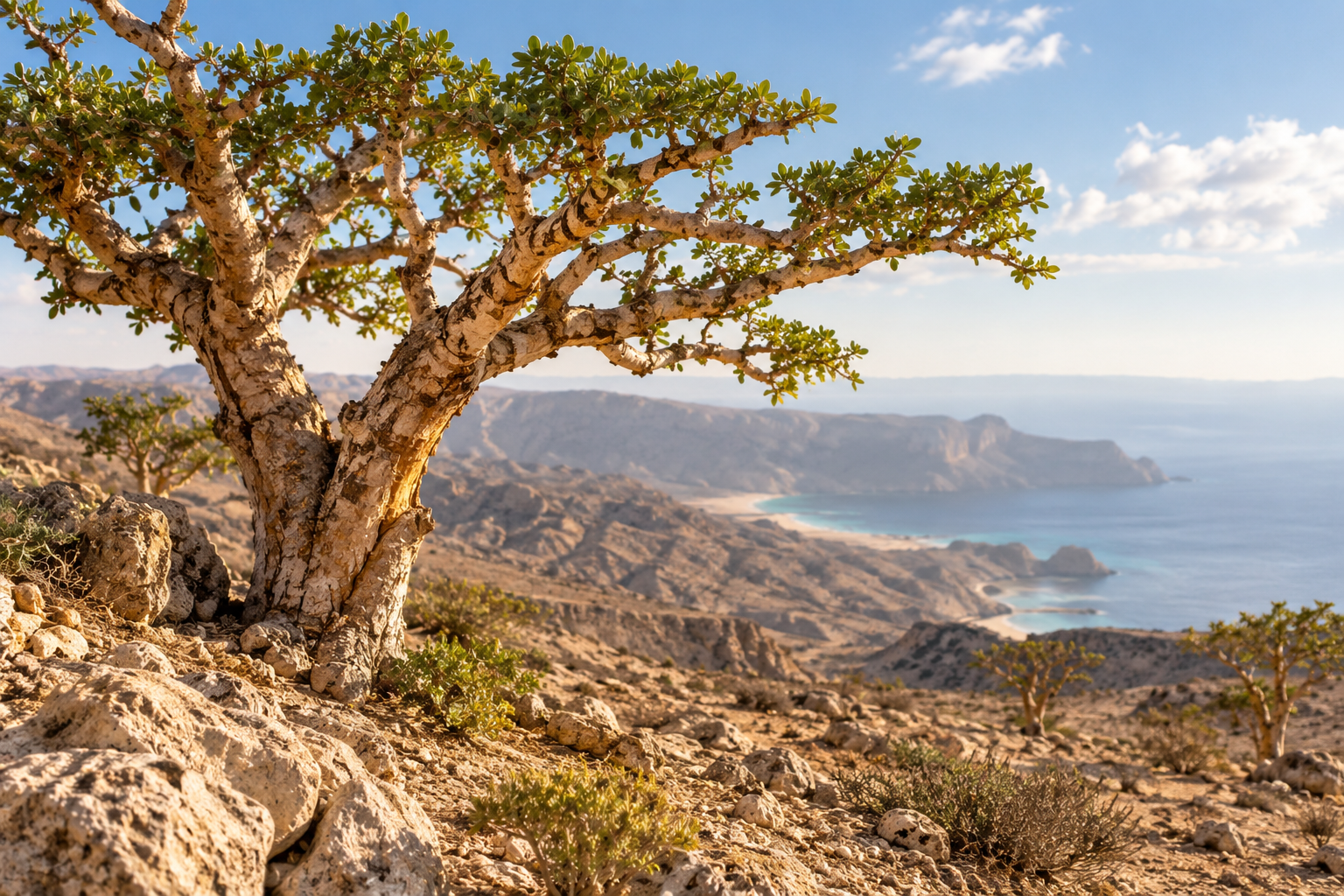 Boswellia-Baum in trockener, felsiger Landschaft, natürlich und botanisch