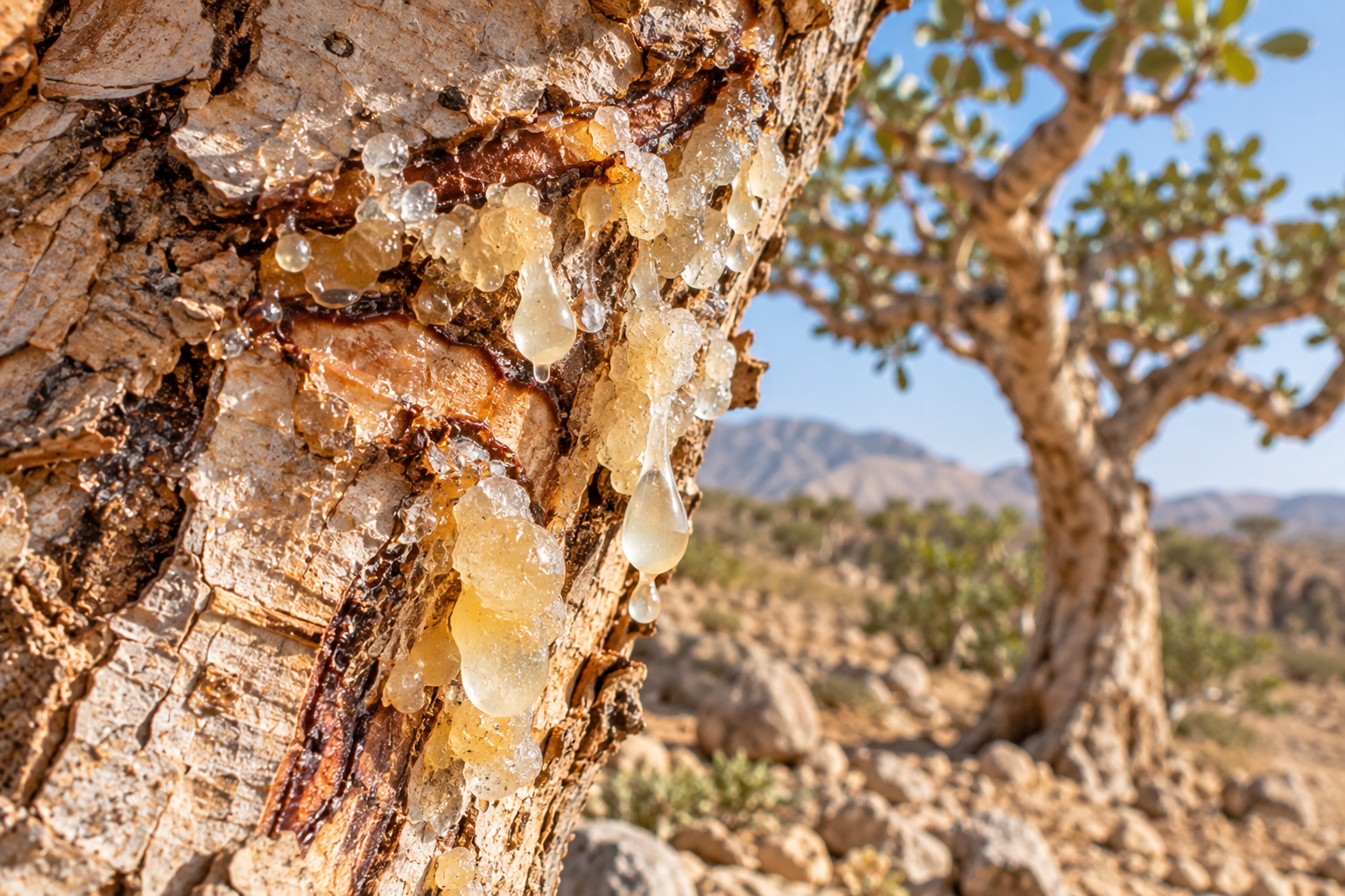 Nahaufnahme eines Boswellia-Stamms mit natürlich austretendem Harz