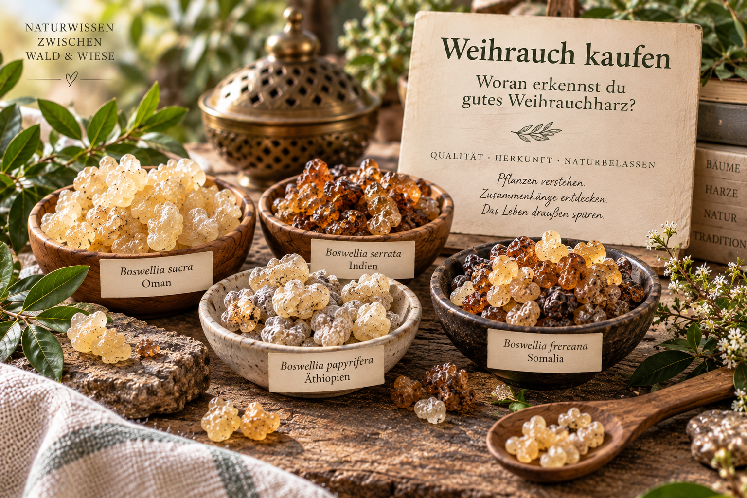 Verschiedene naturbelassene Weihrauchharze in kleinen Schalen/Gläsern, hochwertig und natürlich fotografiert