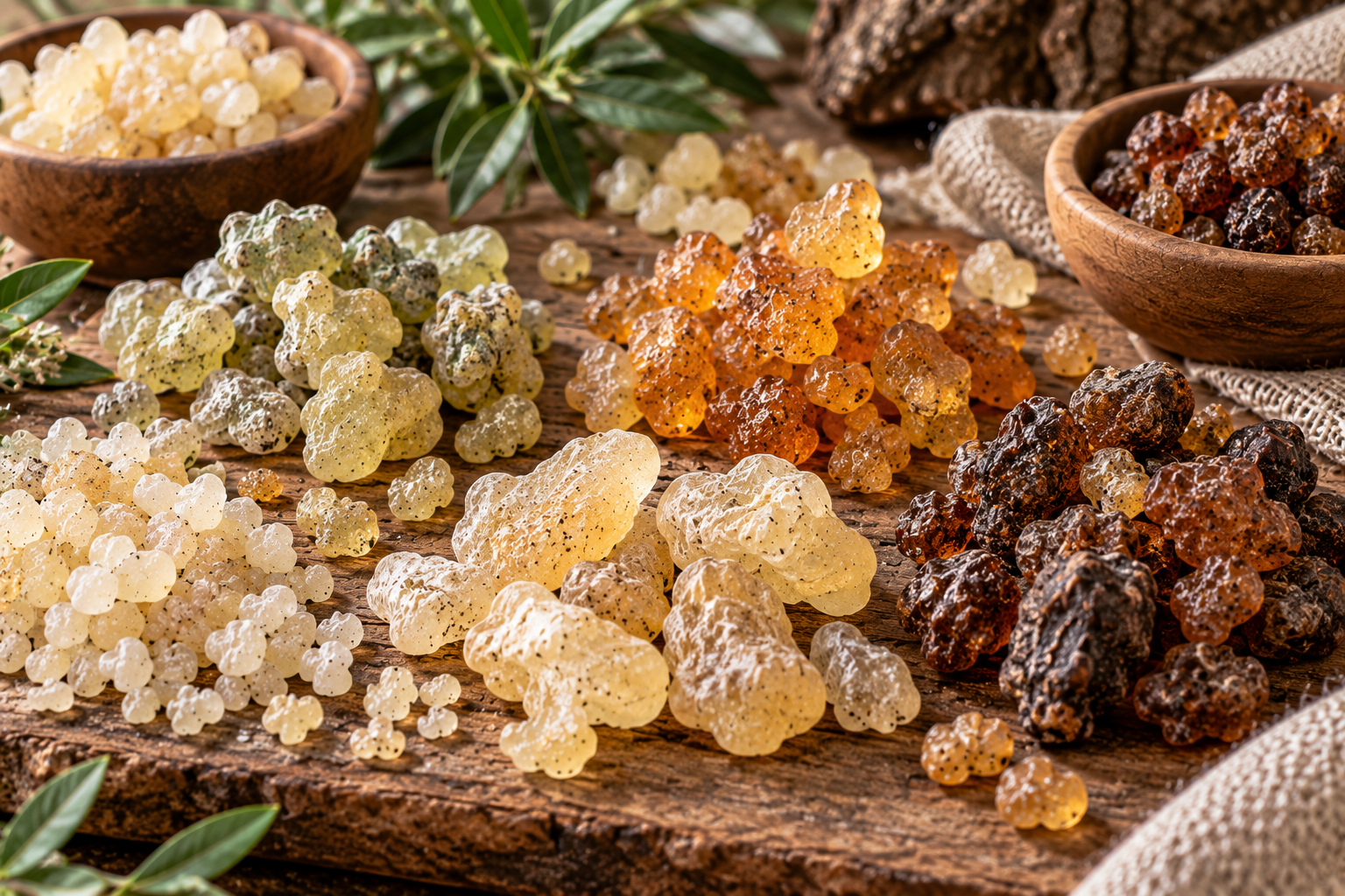 Glas mit Weihrauchharz und schlichtem Etikett „Boswellia sacra – Oman“, daneben Naturmaterial